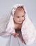 Brielle with her Little Giraffe Pink Chenille Dot Blanket