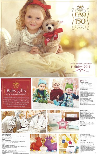 The 2012 FAO Schwarz Holiday Catalog Featuring Little Giraffe products - Little G, Luxe Dot Blanket, Luxe Cream Dot Blanky, and the Kids' Luxe Satin Coverup